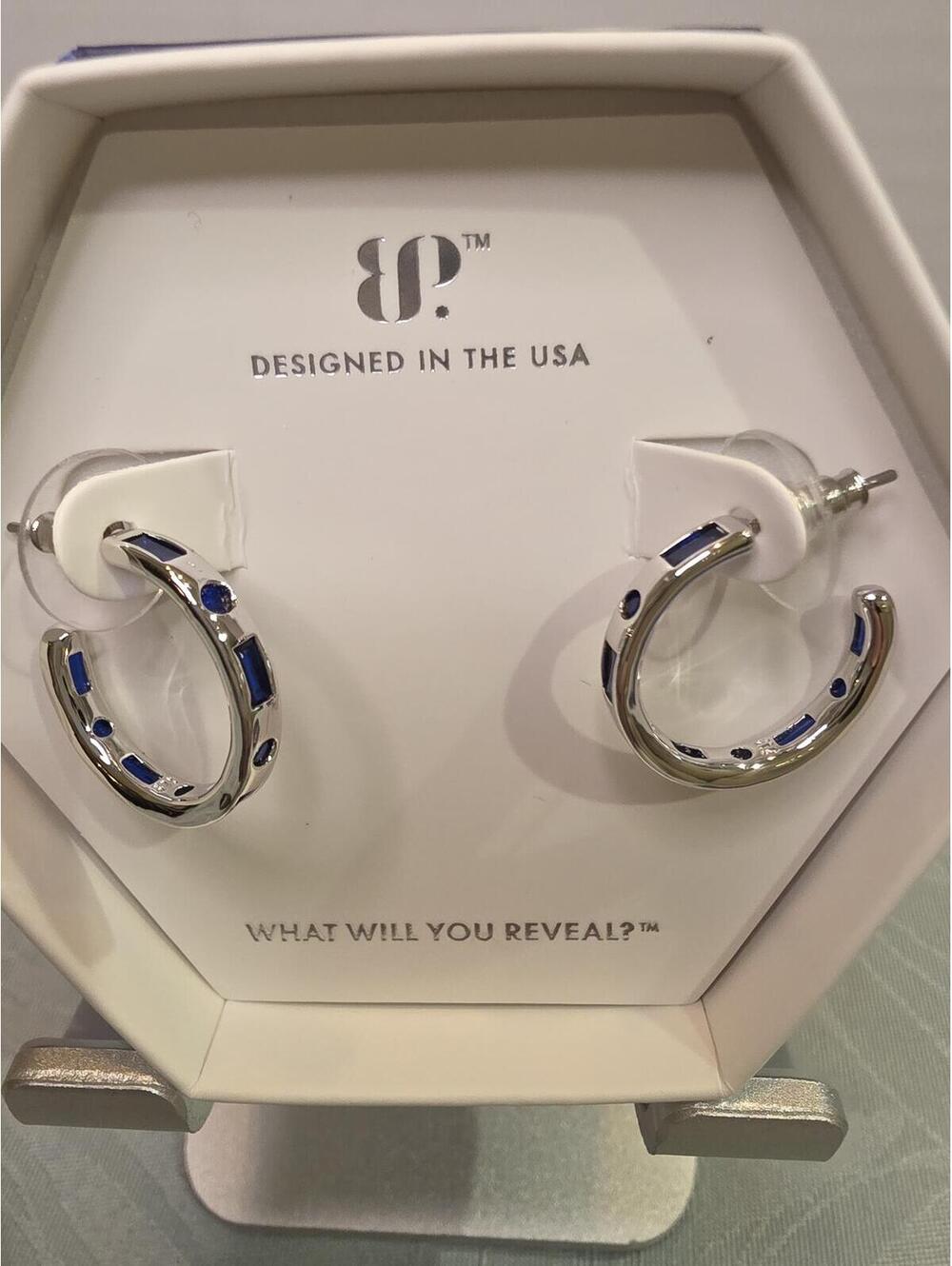 BP. One Shade Deeper Lab Created Sapphire Rhodium Plated Hoop Earrings